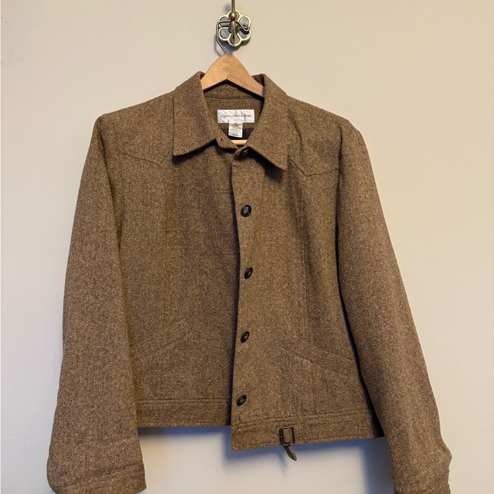 Evan-Picone Brown Tweed Jacket | Cropped Tailored Blazer | Wool Blend | Size 16